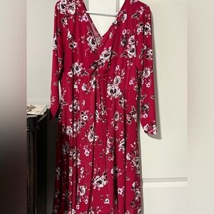 Floral V-Neck Red Dress